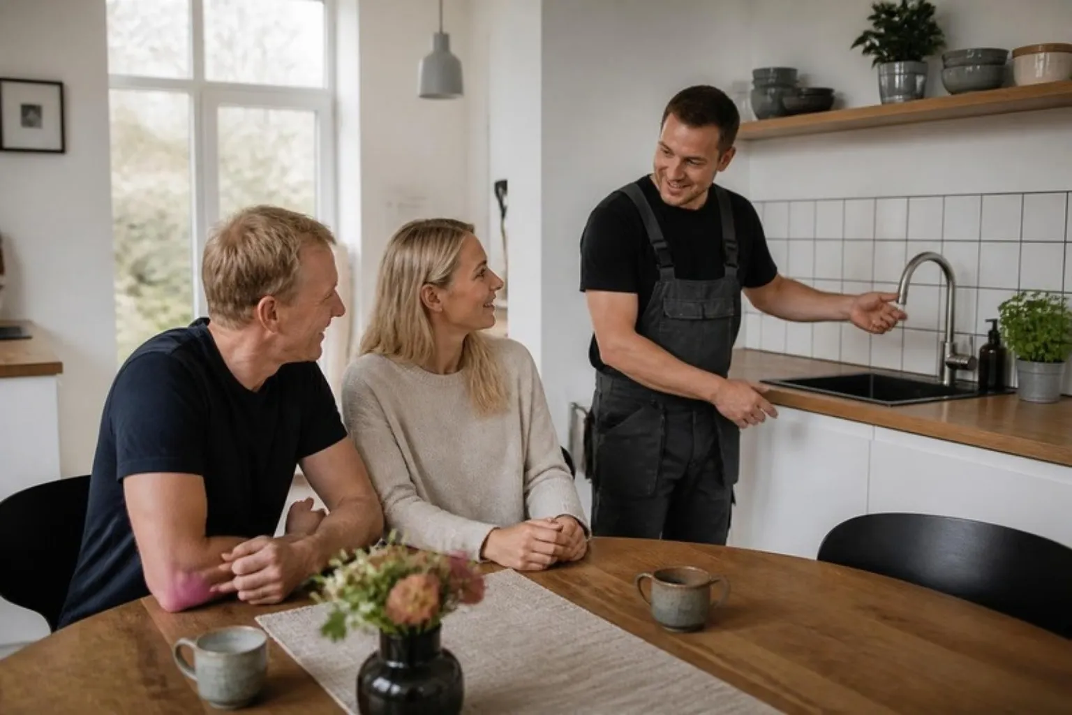 Smilende håndværker peger på køkkenvasken og forklarer et par ved spisebordet